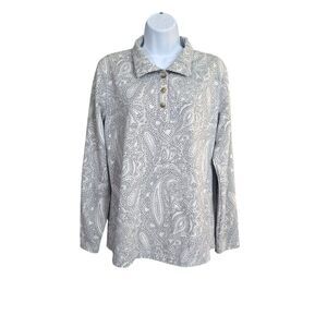 Croft & Barrow Henley Top Women M Gray Paisley Long Sleeve Classic Casual Soft